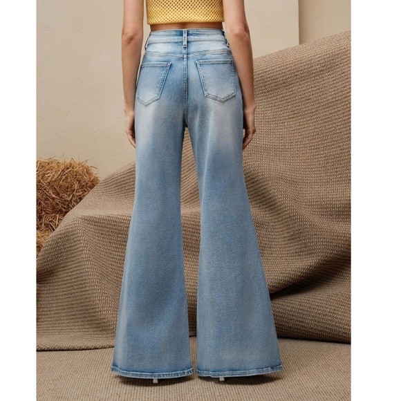 Boho Light Wash Floral Embroidered Wide leg Denim Jeans - Picture 5 of 6